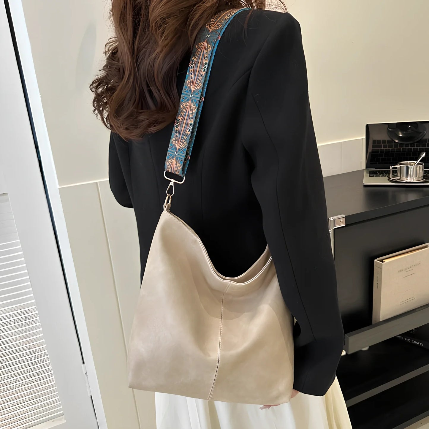 Women's army green PU bucket crossbody bag with wide ethnic strap, 30cm height, large capacity for phone and laptop