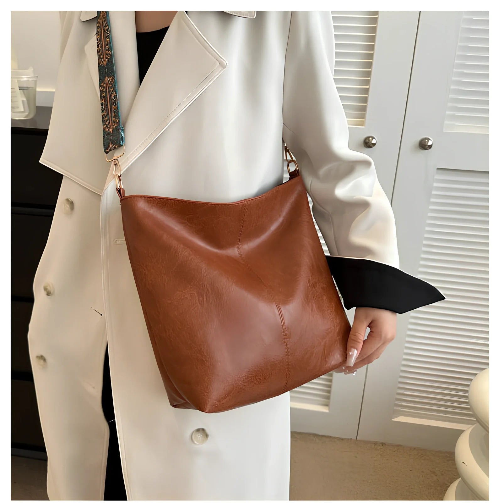 Women's army green PU bucket crossbody bag with wide ethnic strap, 30cm height, large capacity for phone and laptop