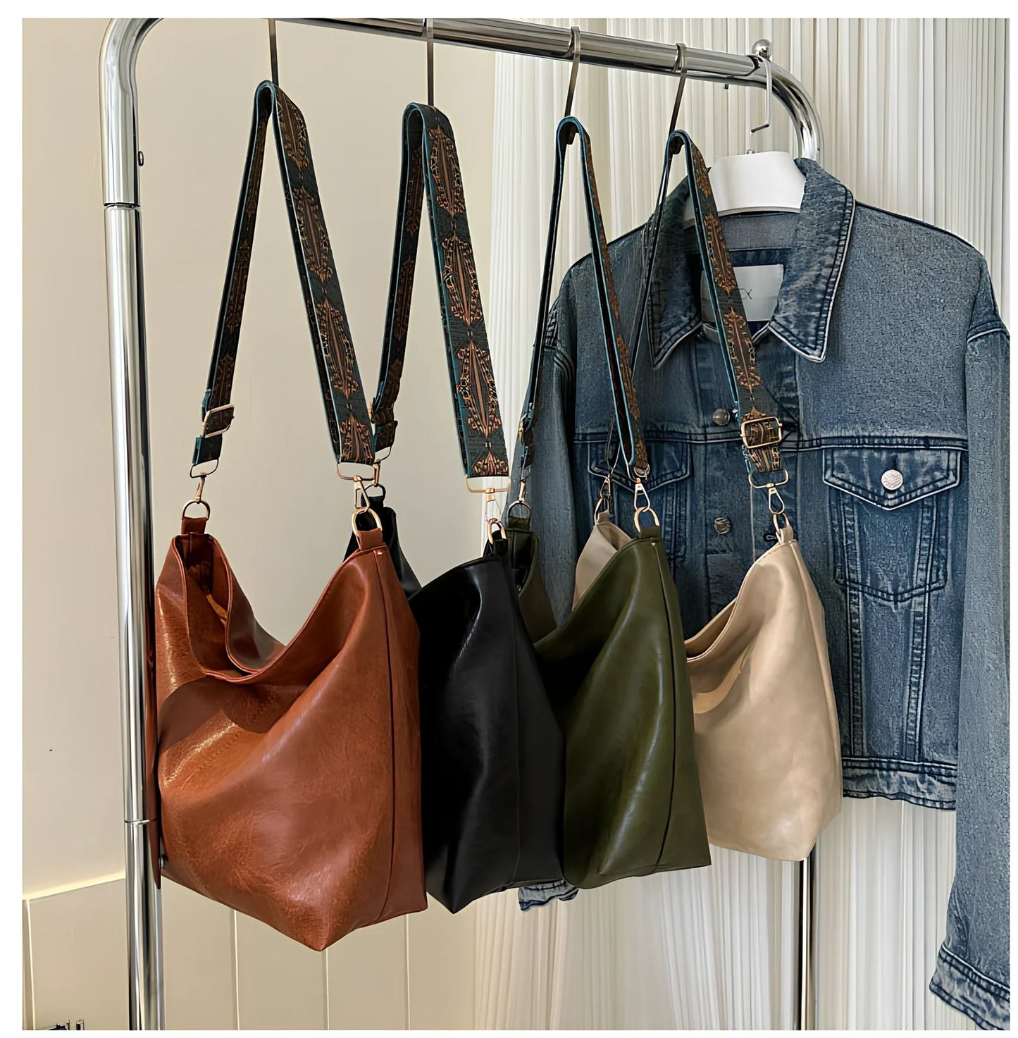 Women's army green PU bucket crossbody bag with wide ethnic strap, 30cm height, large capacity for phone and laptop