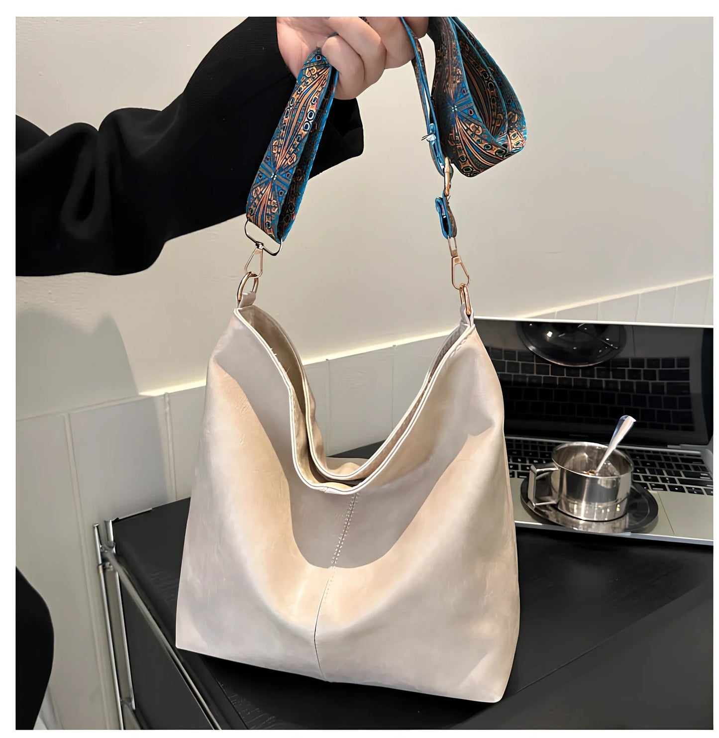 Women's army green PU bucket crossbody bag with wide ethnic strap, 30cm height, large capacity for phone and laptop