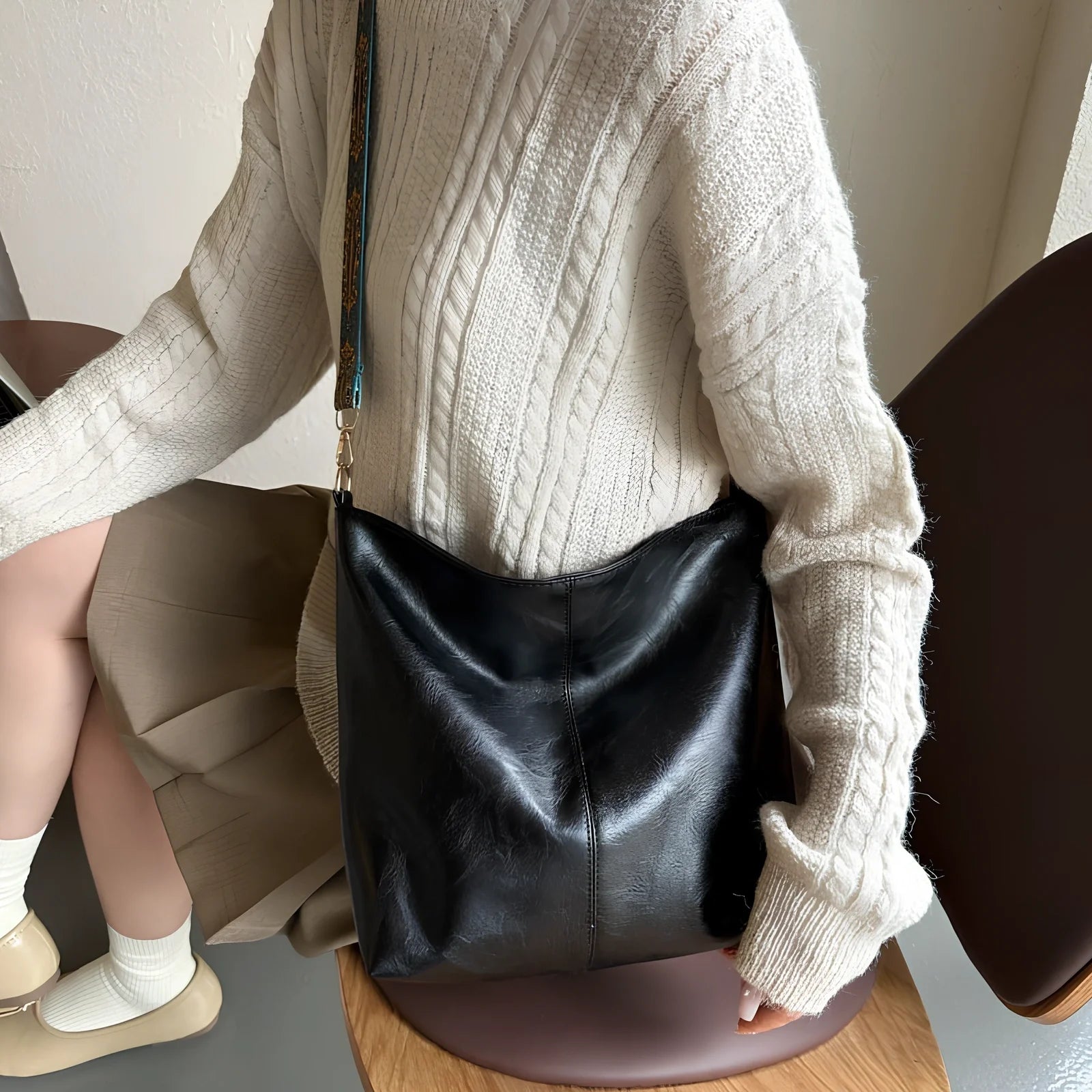 Women's army green PU bucket crossbody bag with wide ethnic strap, 30cm height, large capacity for phone and laptop