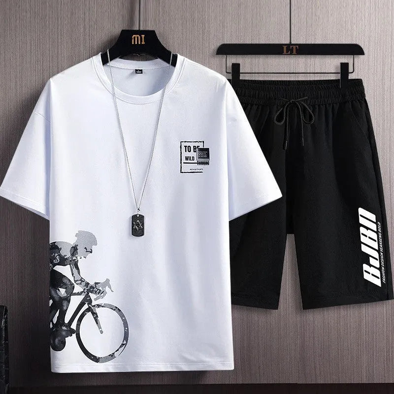 Printed slim fit plus size sports two-piece set in bike black suit, top and pants on display