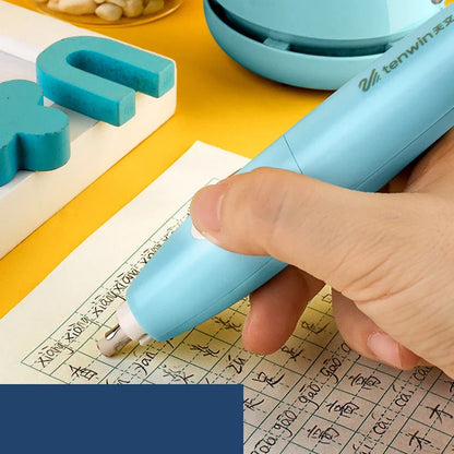 Electric pencil sharpener, eraser, and table vacuum cleaner set in blue