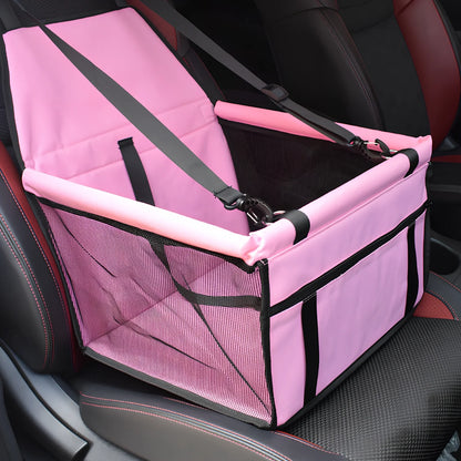 Waterproof pet car mat with headrest straps installed in vehicle, showing storage compartment and dimensions 400x300mm