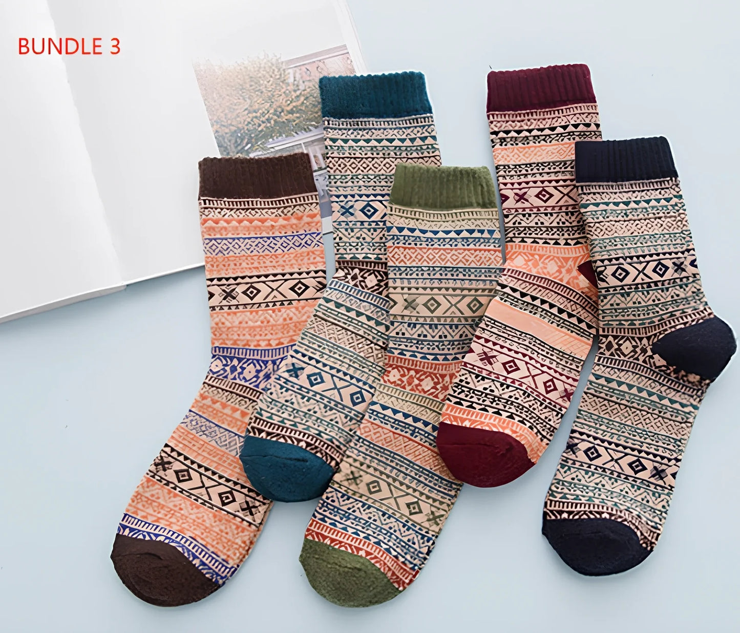 Pack of 5 thick stripe wool blend socks in various colours, featuring 15% rabbit hair for winter warmth, fitting sizes 39-42