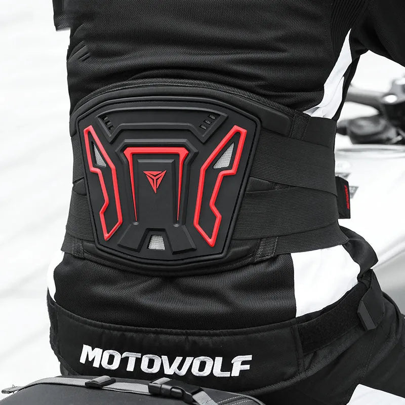 MDL1028 motorcycle riding waist support waistband in black or red, adjustable harness design for long-distance travel