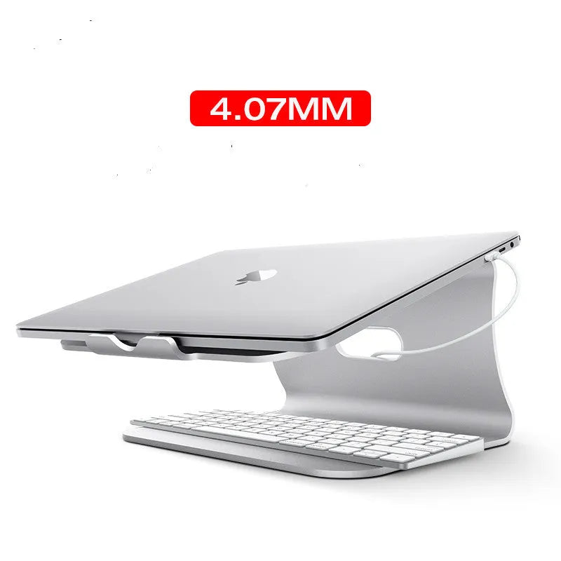 Aluminium alloy laptop cooling stand in silver and grey, showing 4.07mm thick rotary strip design.