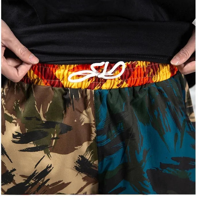 Blue camouflage overalls casual pants with loose fit, elastic waist, polyester fabric, sizes S to 5XL