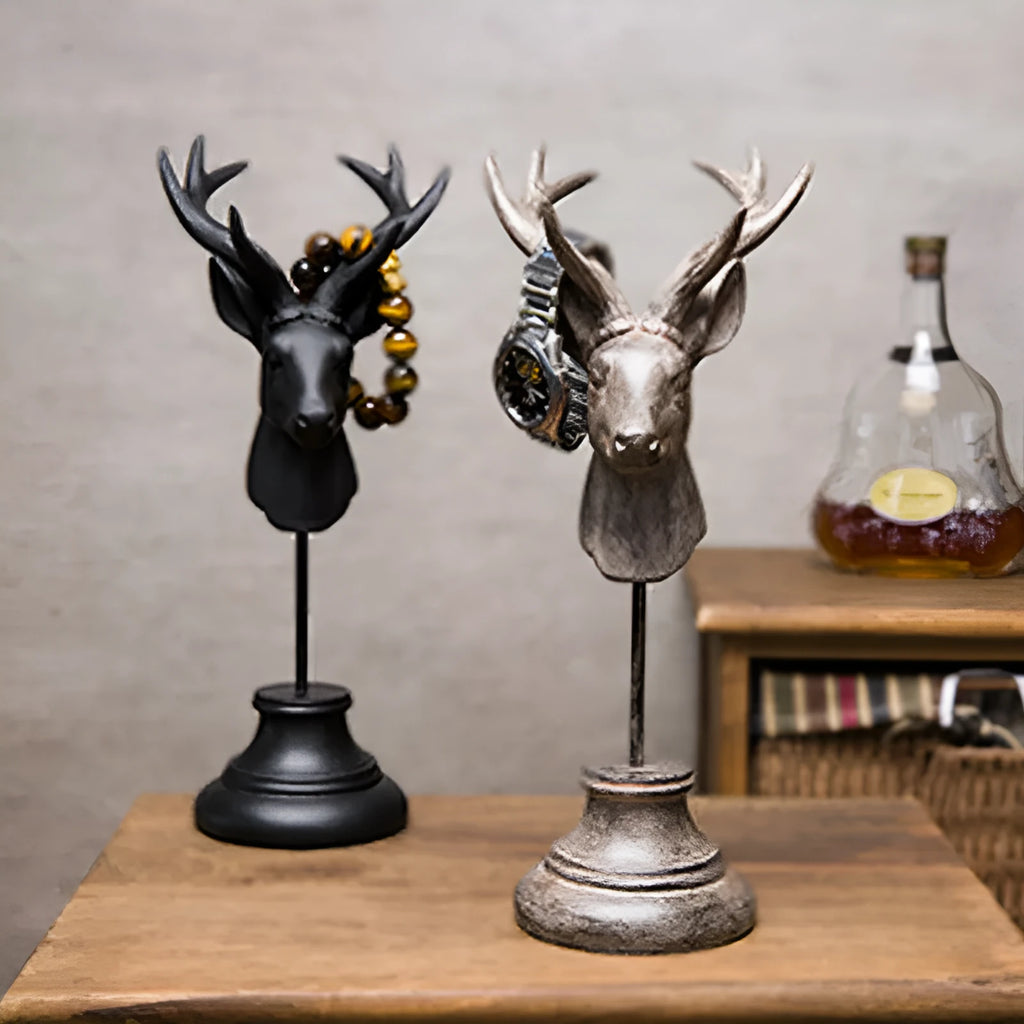 Natural resin animal sculpture home decoration in black, white, and wood colour finishes, dimensions 13cm by 15cm by 32cm.