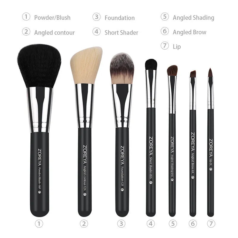 7 piece makeup brush set with synthetic and goat hair bristles and wood handles in green purple and red