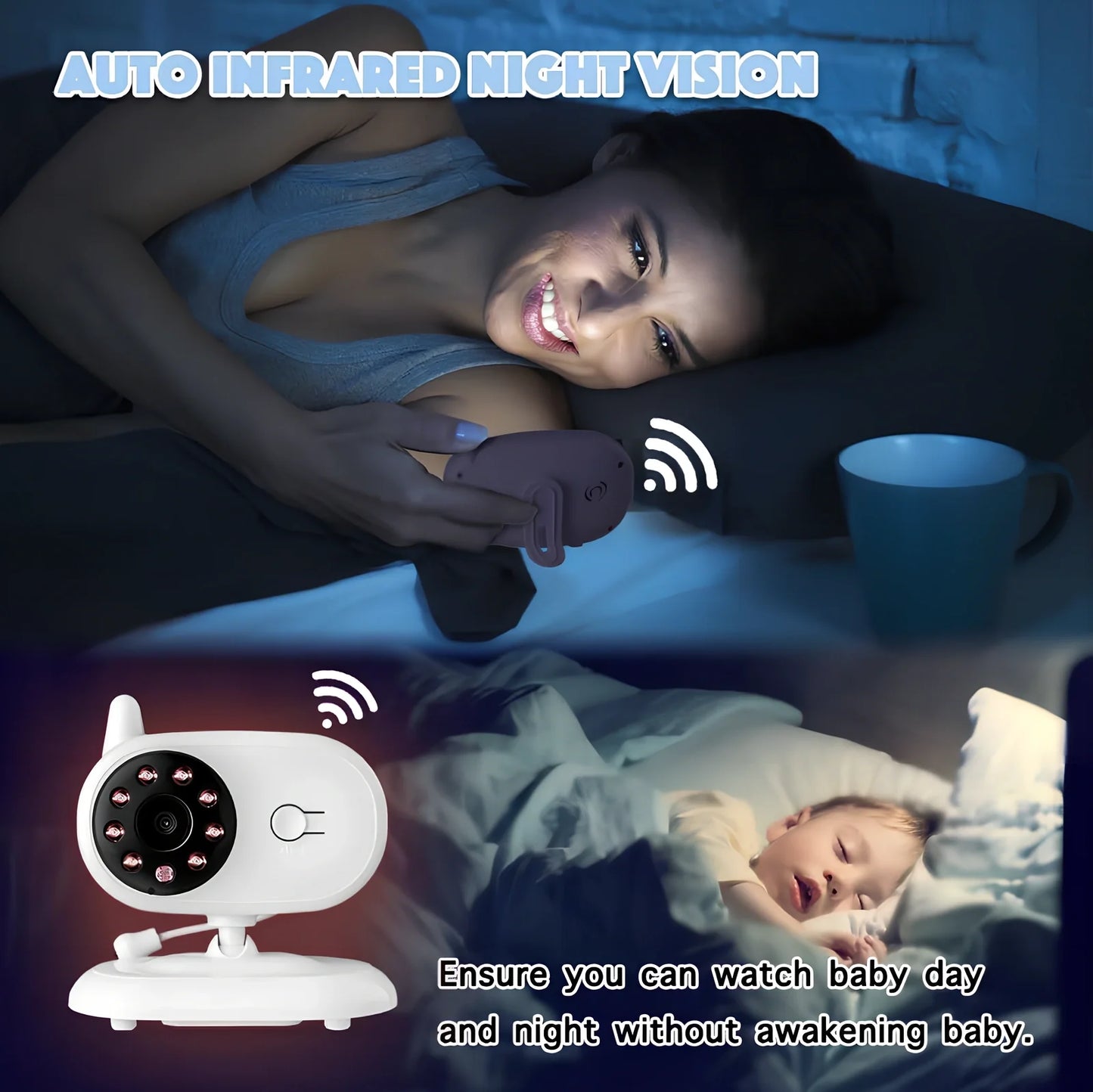 White 3.5 inch wireless baby monitor with night vision camera and temperature display