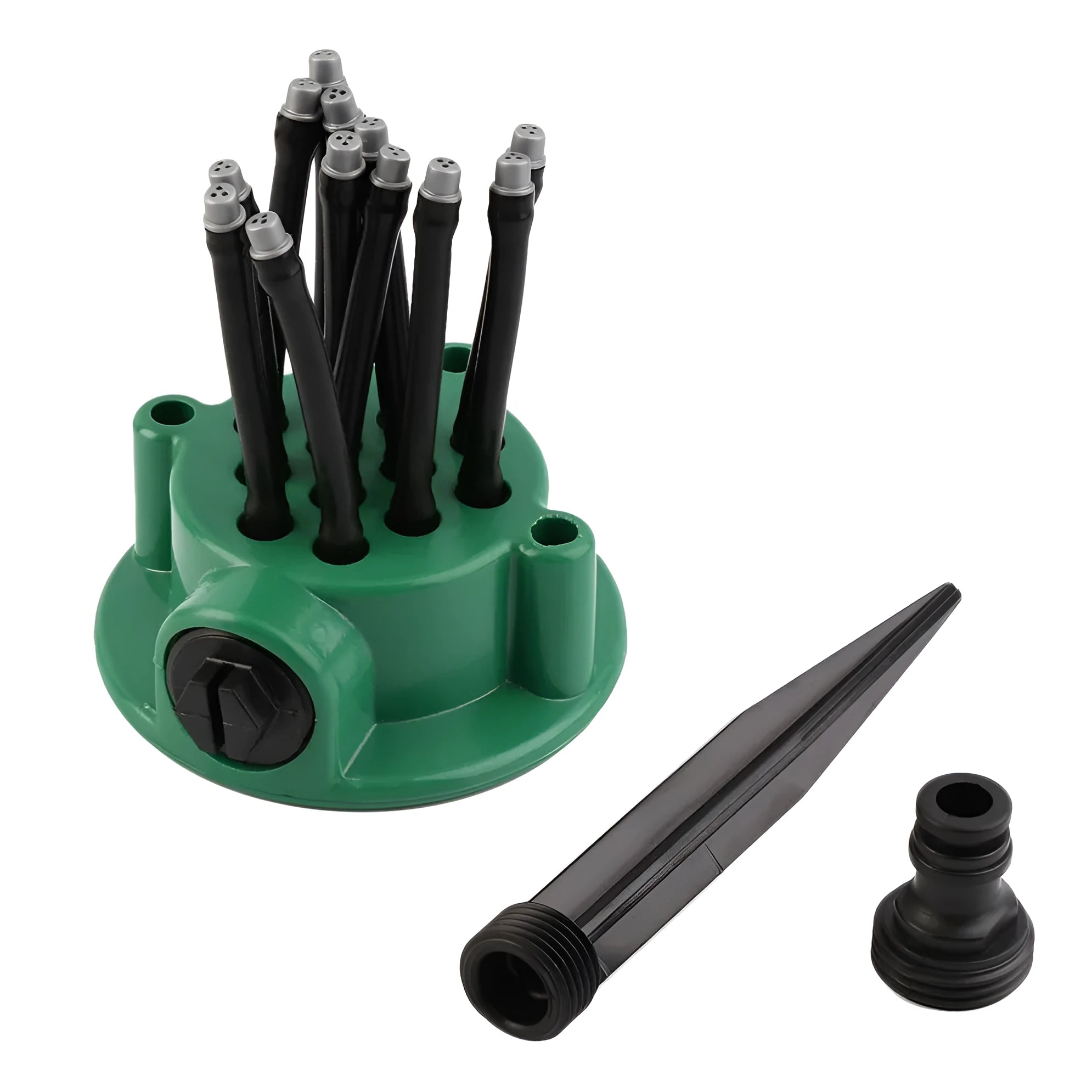 Green adjustable lawn sprinkler with flexible bendable watering nozzles on a 9cm base.