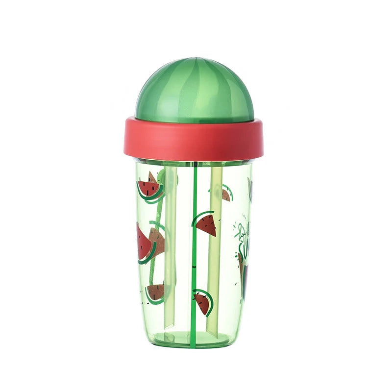 Double straw water cup with leak-proof design and cartoon patterns