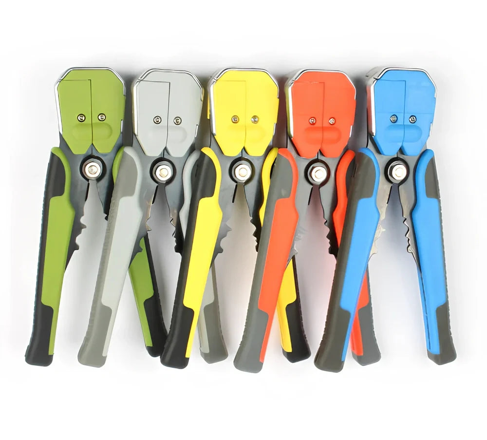 Yellow 3-in-1 automatic wire stripper crimper cutter tool, 21cm long, for 10-24 AWG wires with adjustment screw