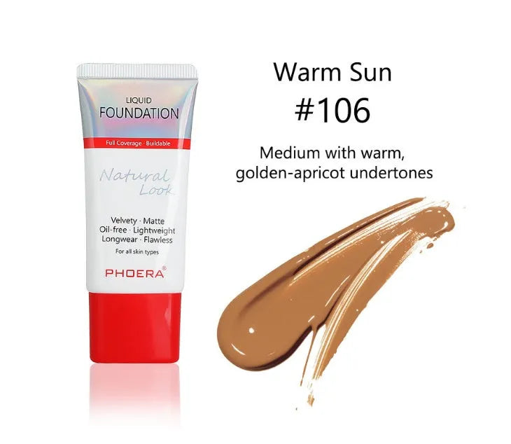 Matte silky tube liquid foundation in 12 shades including porcelain, nude, and warm peach