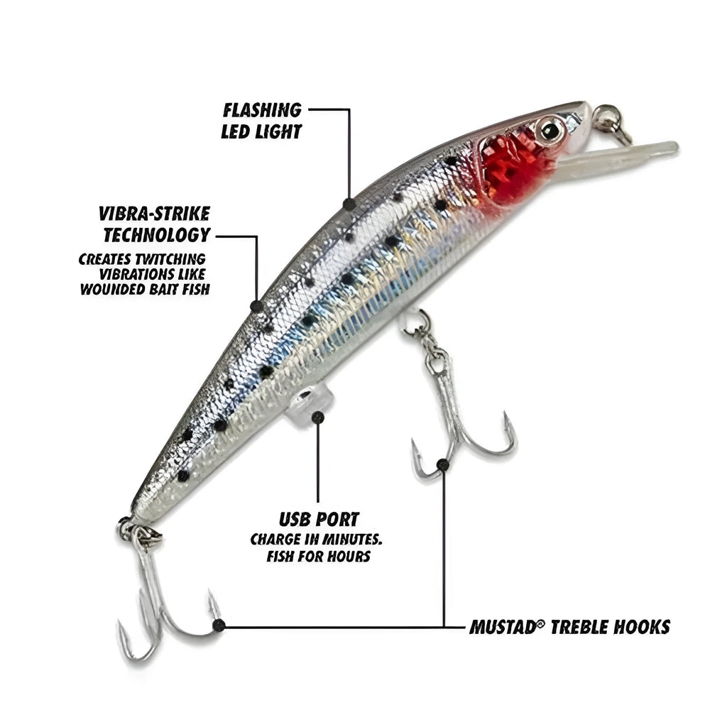 Rechargeable twitching fish lure with USB charging and LED light in the dark