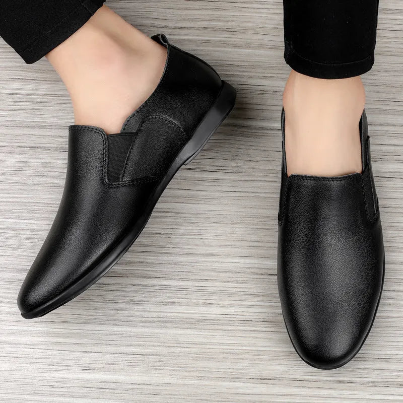 Men's black leather business casual shoes with round toe design