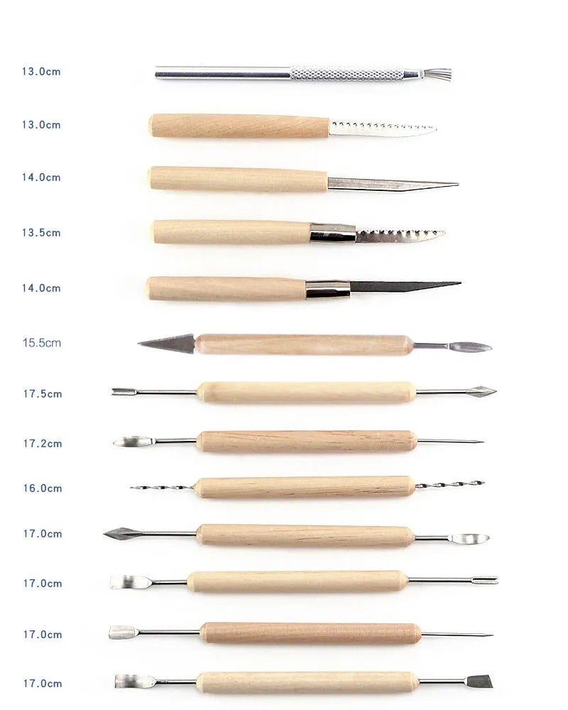 27-piece pottery clay tool set with rolling pin on a table