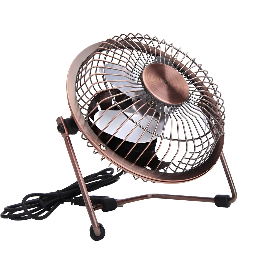 4-inch metal USB mini fan in bronze colour with rocker switch on desk