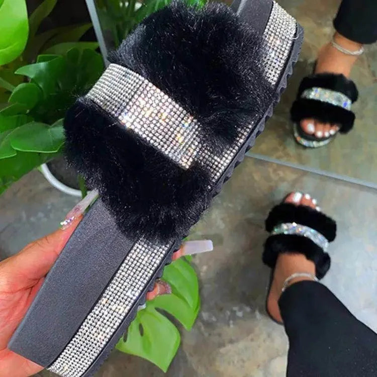Women bling fluffy slippers with rhinestone hollow design, platform wedge heel, and non-slip rubber sole