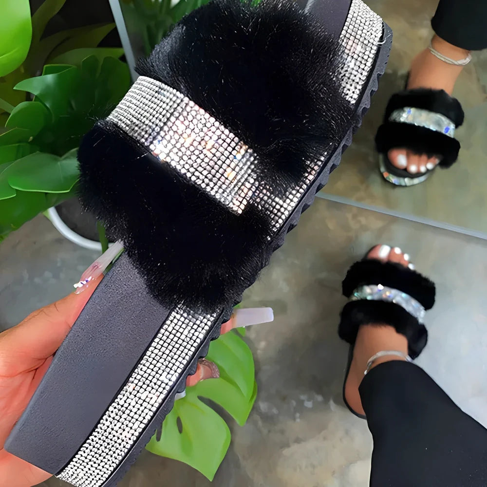 Women's bling reversible fur slide slippers in black with 6-8cm wedge heel, rhinestone accents, and non-slip sole