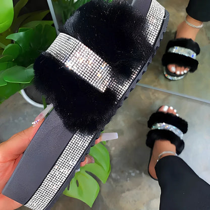 Women's bling reversible fur slide slippers in black with 6-8cm wedge heel, rhinestone accents, and non-slip sole