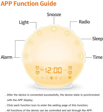 Sunrise alarm clock with gradual lighting, nature sounds, and colour customization