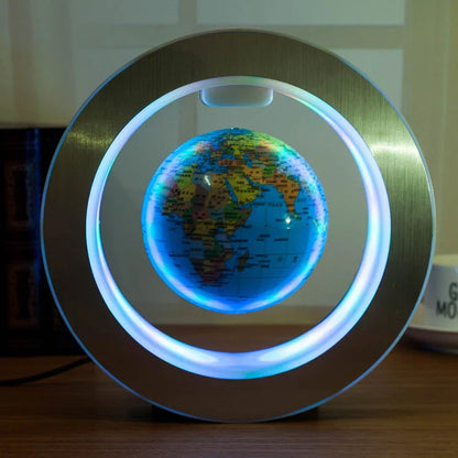 Round LED World Map Floating Globe hovering above base with magnetic levitation
