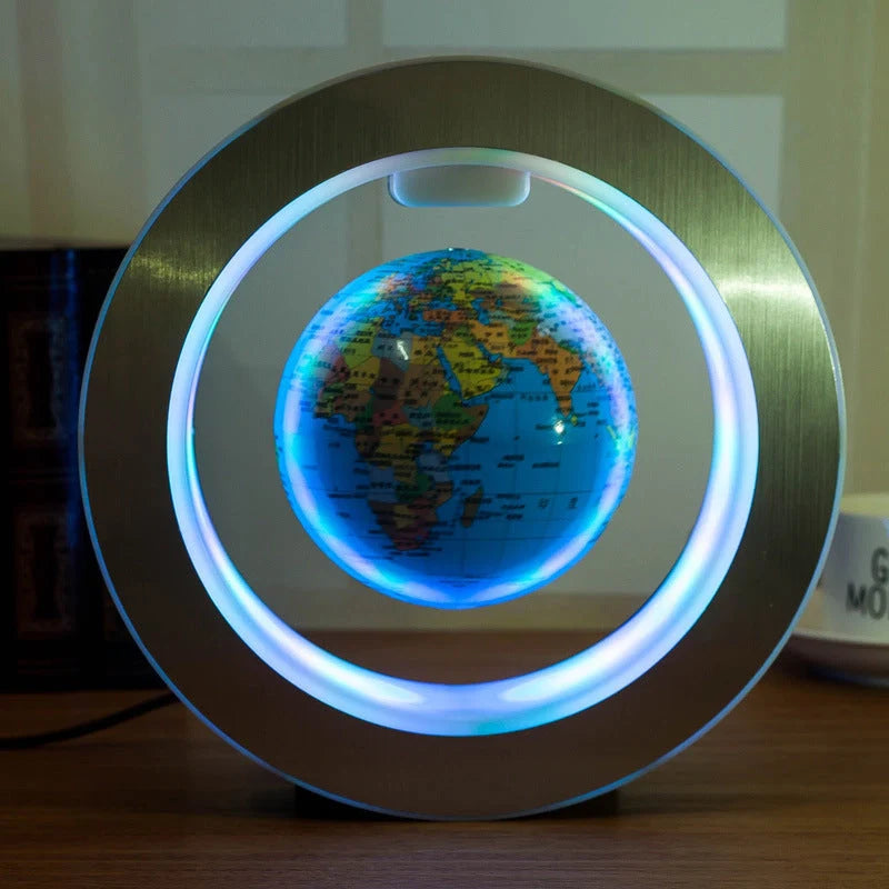 Round LED World Map Floating Globe hovering above base with magnetic levitation