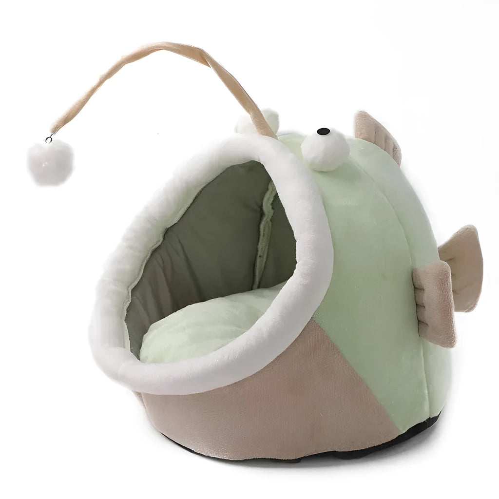 Grey deerskin velvet lantern fish-shaped semi-closed cat bed for indoor use.