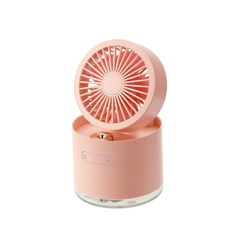 Mini portable USB rechargeable spray fan in green, pink, and white