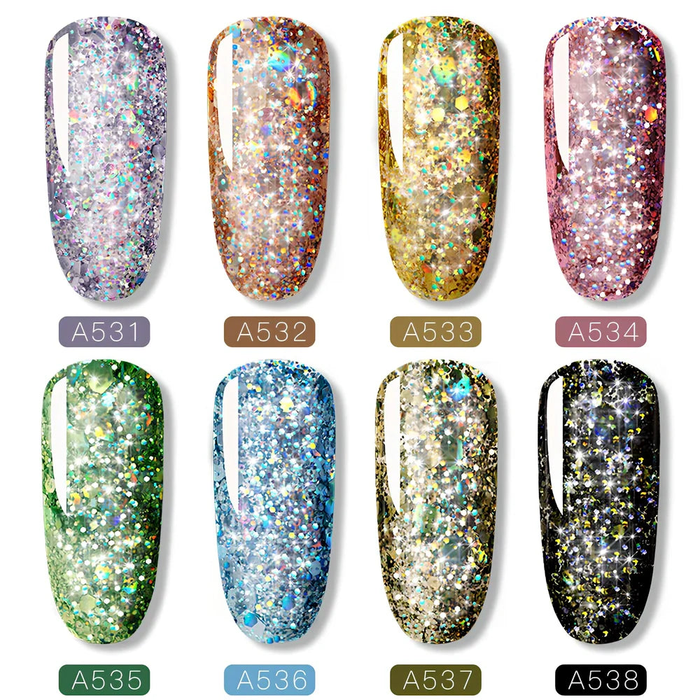 Bottle of colorful nail polish in shades RFA531 to RFA538, 10ml glass with glossy finish