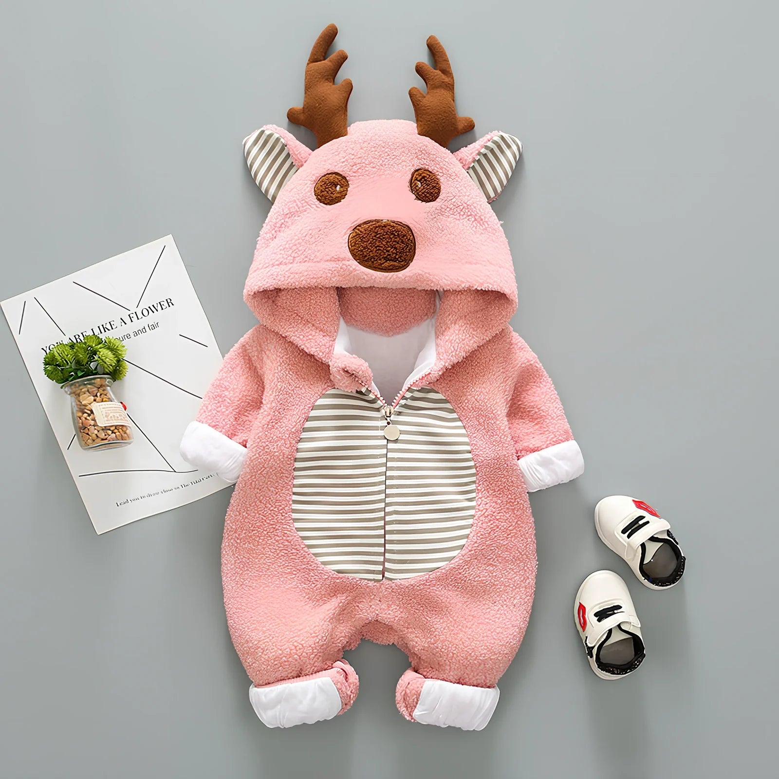 Baby wearing cotton romper with lace-up straps in khaki colour, size 80cm