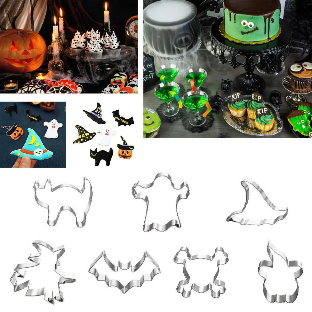 7-piece stainless steel Halloween cookie cutter set including pumpkin, bat, and skull shapes