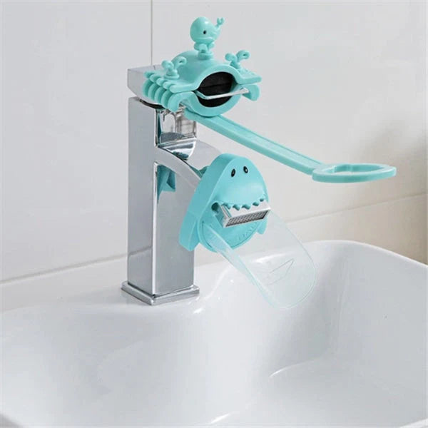 Children's faucet extender in blue, pink, and purple colours