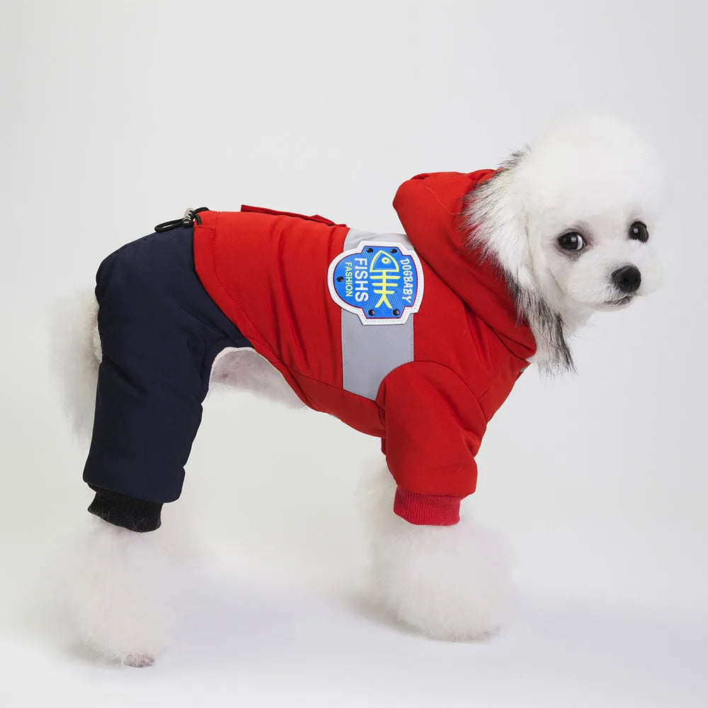 Dog snow coat in blue, grey, and red wool with four-legged back design and cotton lining