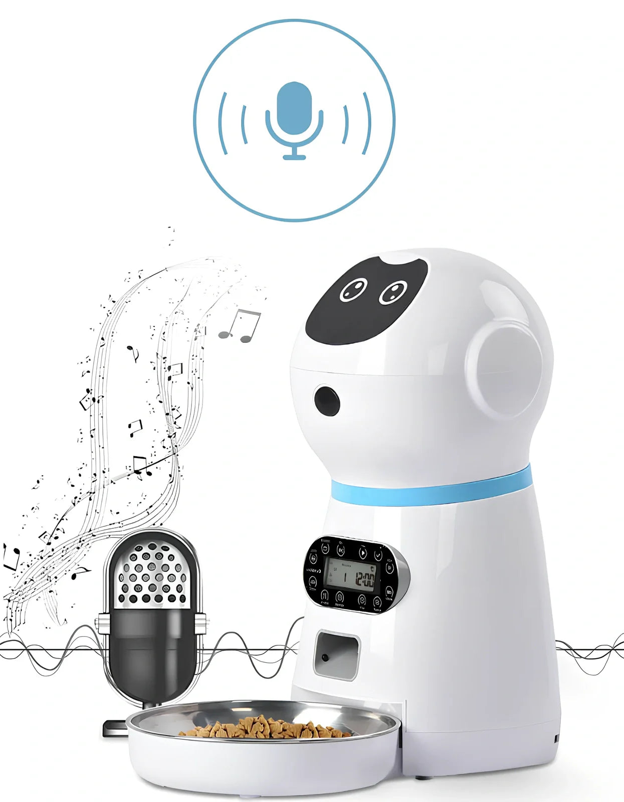 White automatic pet feeder with removable grain barrel and metal tray, infrared sensor for 5g dry food portions