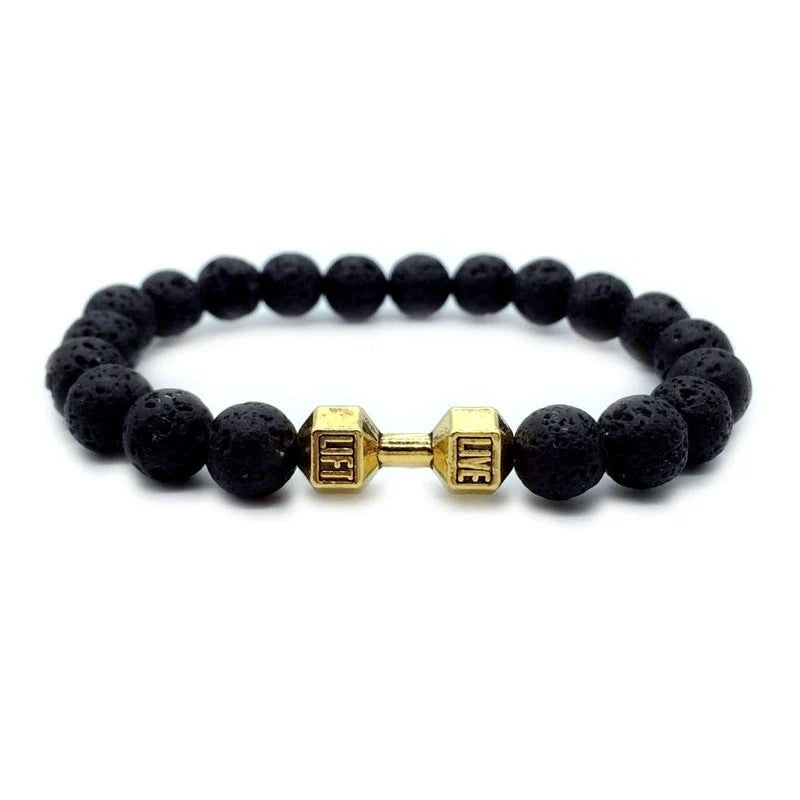 Men's fitness fashion bracelet with alloy metal barbell and lava rock stone beads