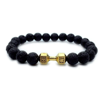Men's fitness fashion bracelet with alloy metal barbell and lava rock stone beads