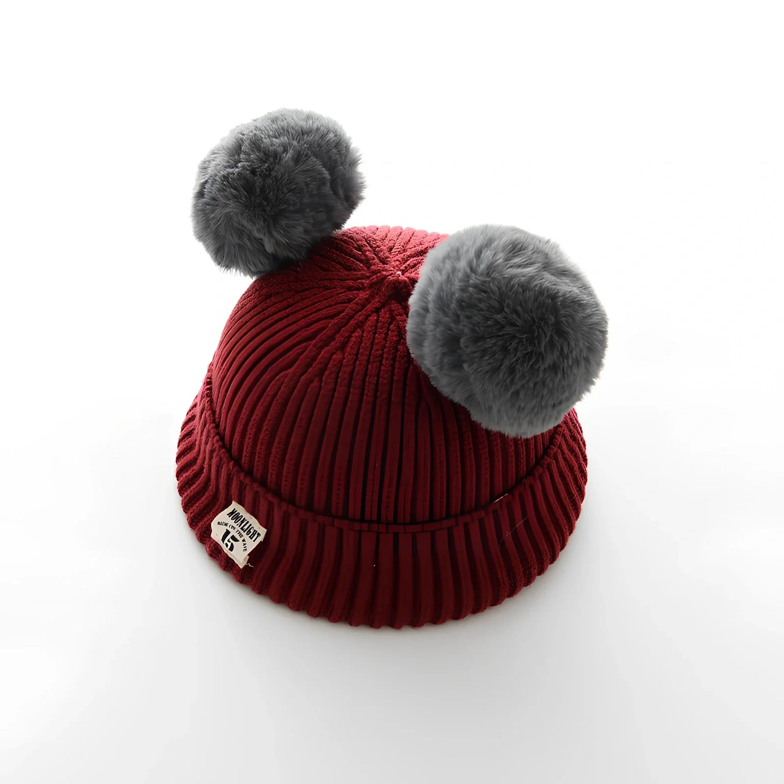 Crocheted baby wool cap in beige with soft 5 cm plush ball, high top style for 6 months-3 years winter warmth, flanged edge for secure fit