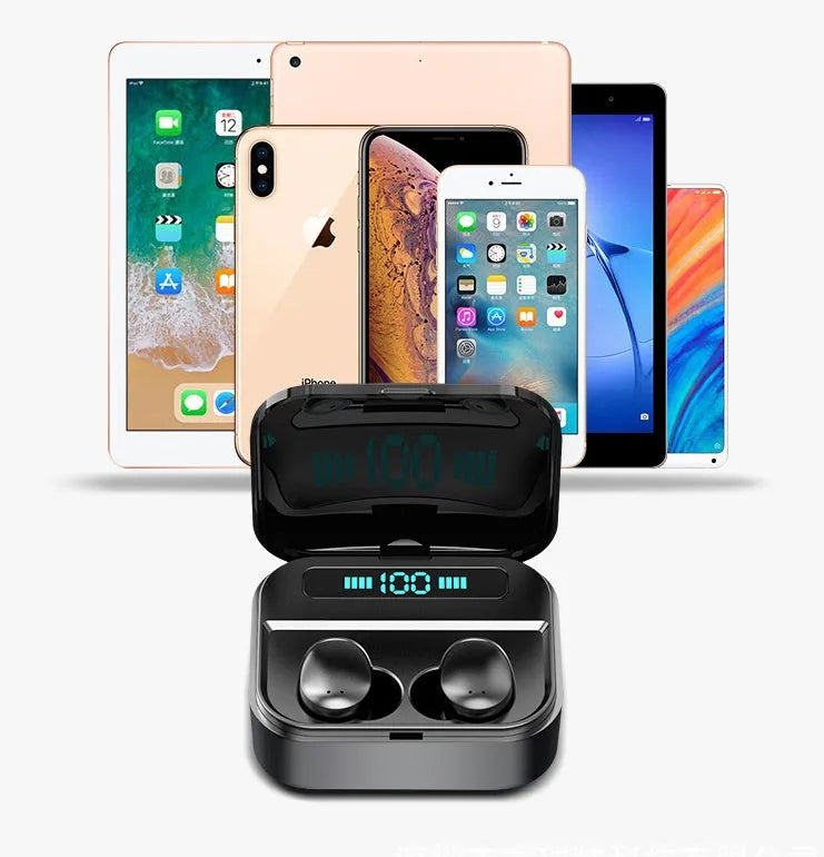TWS Bluetooth earphones with 3600mAh charging case, 8mm drivers, waterproof, in black on white background