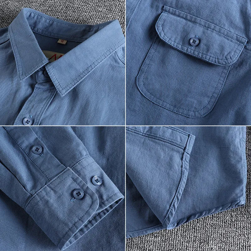 Men's solid colour cotton long sleeve shirt in retro British style with regular fit