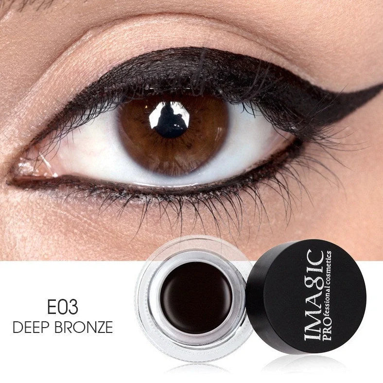 Brush-tip liquid eyeliner with fine 0.5mm applicator showing three colour options E01, E02, E03