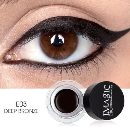 Brush-tip liquid eyeliner with fine 0.5mm applicator showing three colour options E01, E02, E03