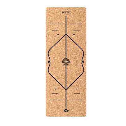 Cork yoga mat showing asana guide lines pattern with 183cm length and natural texture surface