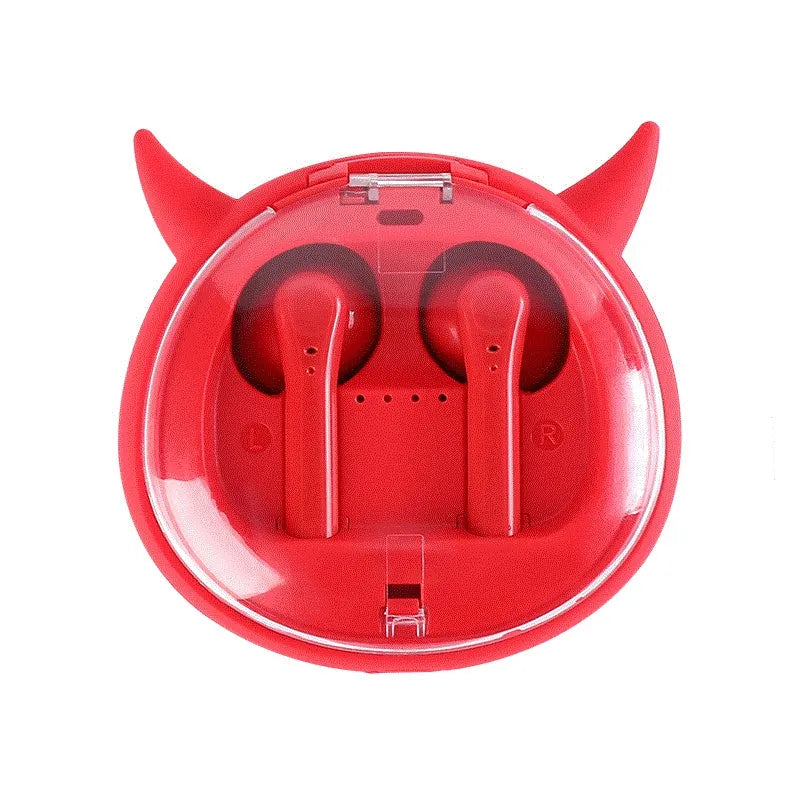Red true wireless Bluetooth headset with in-ear design showing dimensions 72x67x31.5mm