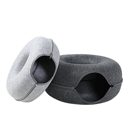 Round woolen felt cat nest with tunnel for interactive play, available in multiple colors and sizes