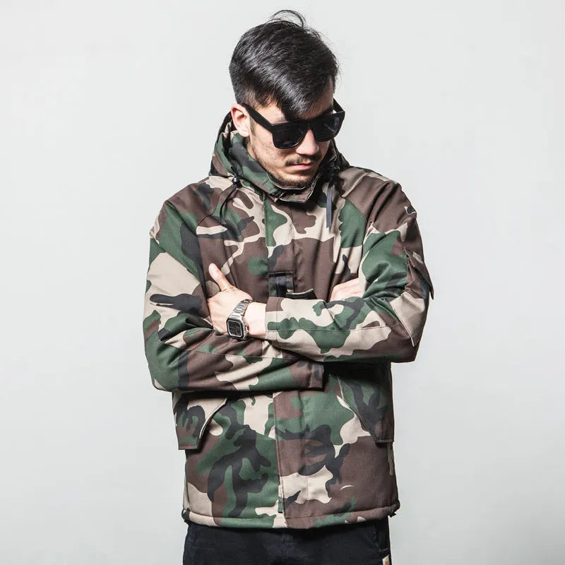Men's winter camouflage cotton jacket with zip closure and hood, camouflage pattern, sizes S-XXXL