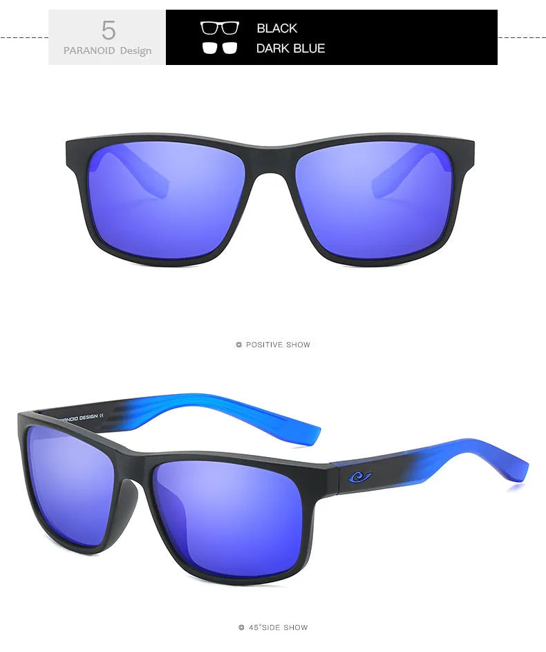 Men's sports polarized sunglasses with black frame, black blue lenses, and UV400 protection