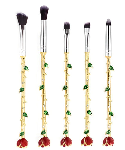 Beauty and the Beast themed makeup brush set in golden finish with 10 synthetic bristle brushes and storage case, 15-18 cm handles
